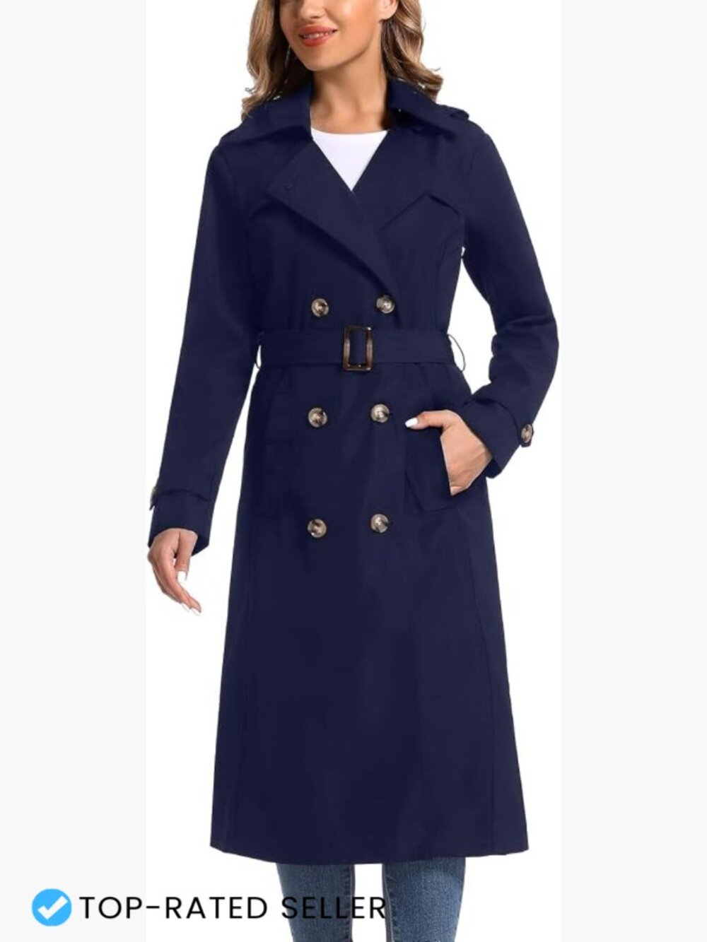 Long Waterproof Trench Coat Double Breasted Belted Hooded Classic Fit Overcoat